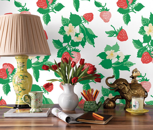 Berry Nice Berry Pink Peel & Stick Wallpaper with Botanical Strawberry Motif - York PSW1395RL