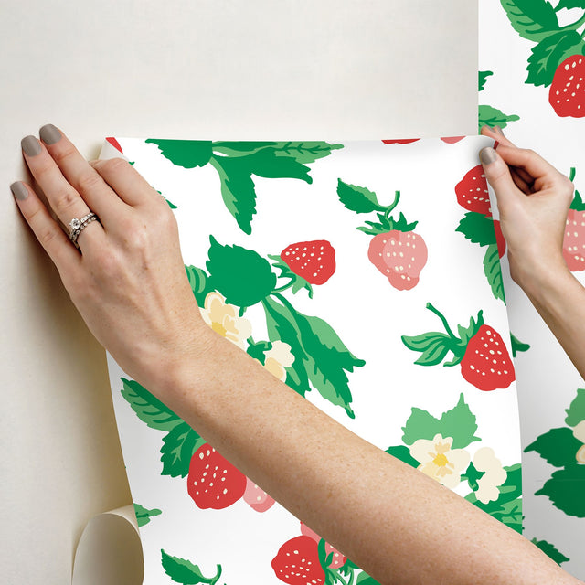Berry Nice Berry Pink Peel & Stick Wallpaper with Botanical Strawberry Motif - York PSW1395RL