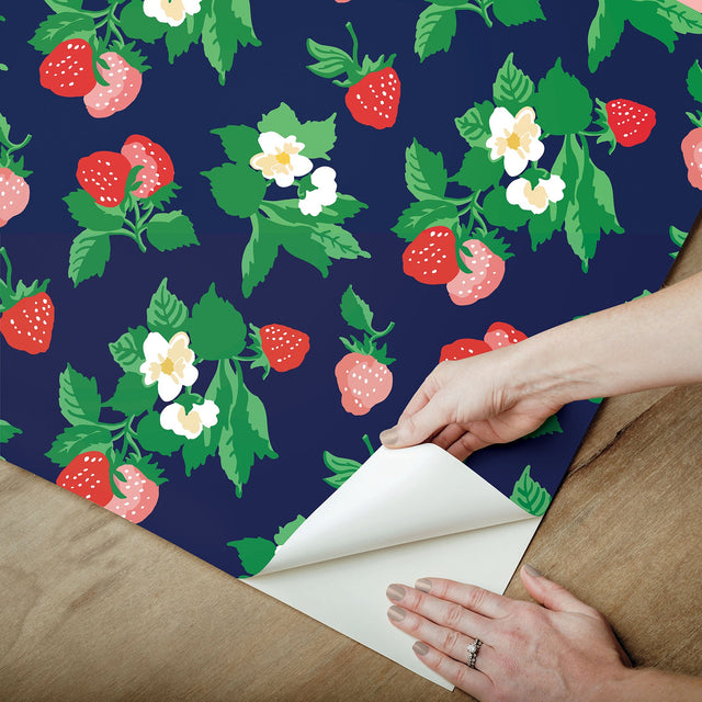 Berry Nice Navy Blue Peel & Stick Wallpaper with Strawberry Botanical Motif - York PSW1396RL