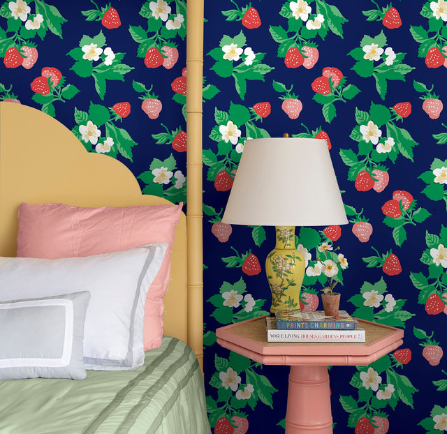 Berry Nice Navy Blue Peel & Stick Wallpaper with Strawberry Botanical Motif - York PSW1396RL