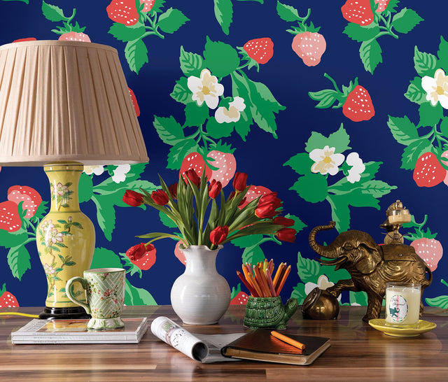Berry Nice Navy Blue Peel & Stick Wallpaper with Strawberry Botanical Motif - York PSW1396RL