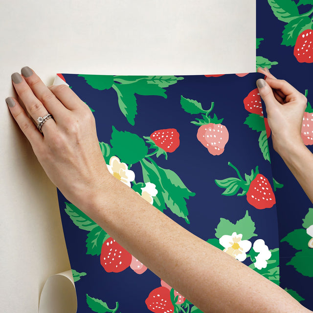 Berry Nice Navy Blue Peel & Stick Wallpaper with Strawberry Botanical Motif - York PSW1396RL