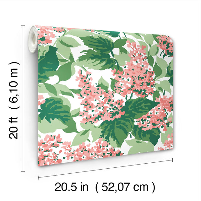 Bar Harbor Southampton Pink Peel & Stick Wallpaper with Floral Hydrangea Motif - York PSW1397RL