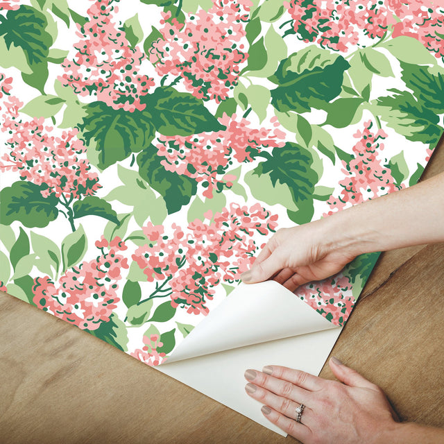 Bar Harbor Southampton Pink Peel & Stick Wallpaper with Floral Hydrangea Motif - York PSW1397RL
