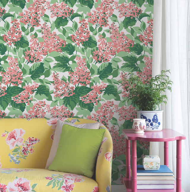 Bar Harbor Southampton Pink Peel & Stick Wallpaper with Floral Hydrangea Motif - York PSW1397RL