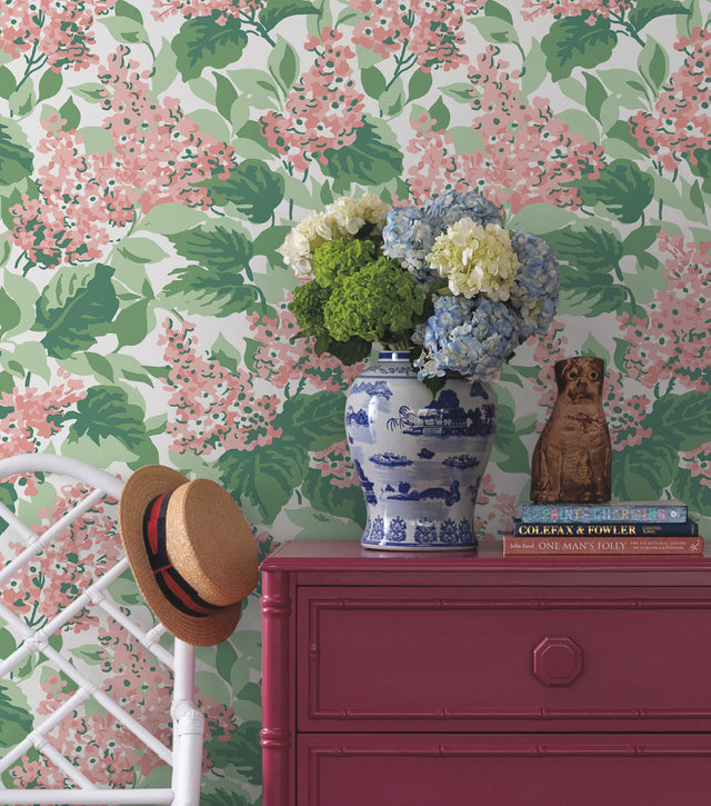 Bar Harbor Southampton Pink Peel & Stick Wallpaper with Floral Hydrangea Motif - York PSW1397RL