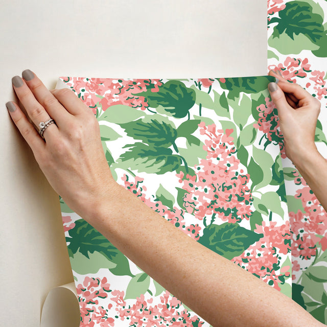 Bar Harbor Southampton Pink Peel & Stick Wallpaper with Floral Hydrangea Motif - York PSW1397RL