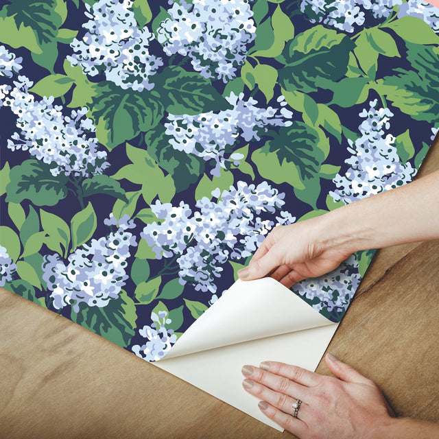 Bar Harbor Sky Blue Peel & Stick Wallpaper with Floral Lilac Pattern - York PSW1398RL