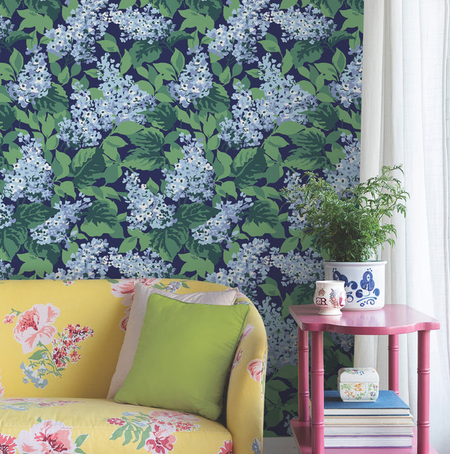 Bar Harbor Sky Blue Peel & Stick Wallpaper with Floral Lilac Pattern - York PSW1398RL