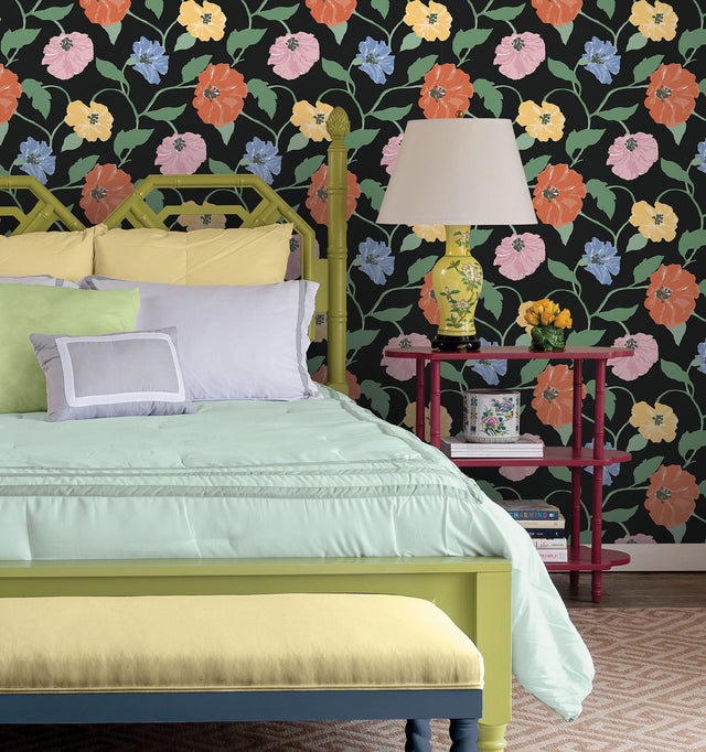 Jungle Garden Nightfall Peel & Stick Wallpaper with Floral Vine Pattern - York PSW1399RL