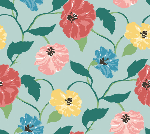 Jungle Garden Sky Blue Peel & Stick Wallpaper with Floral Vine Pattern - York PSW1400RL