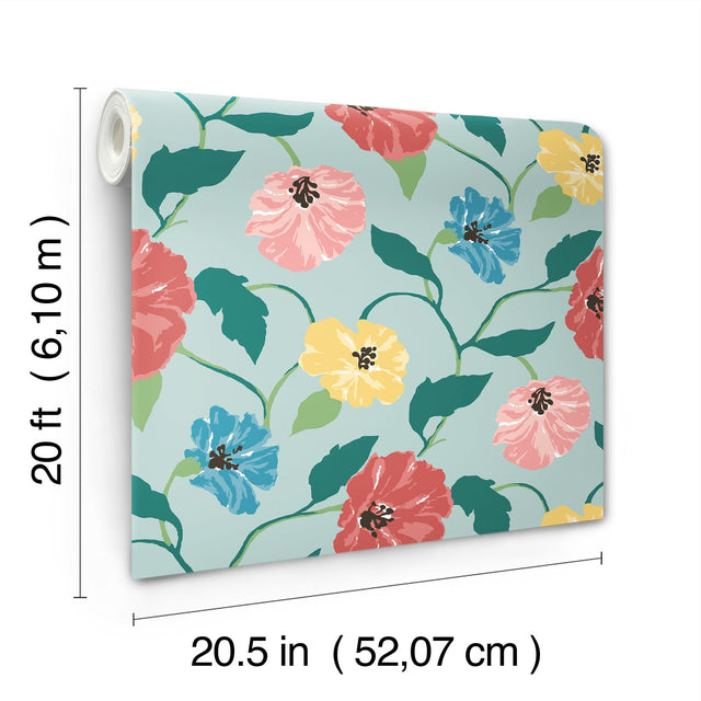 Jungle Garden Sky Blue Peel & Stick Wallpaper with Floral Vine Pattern - York PSW1400RL