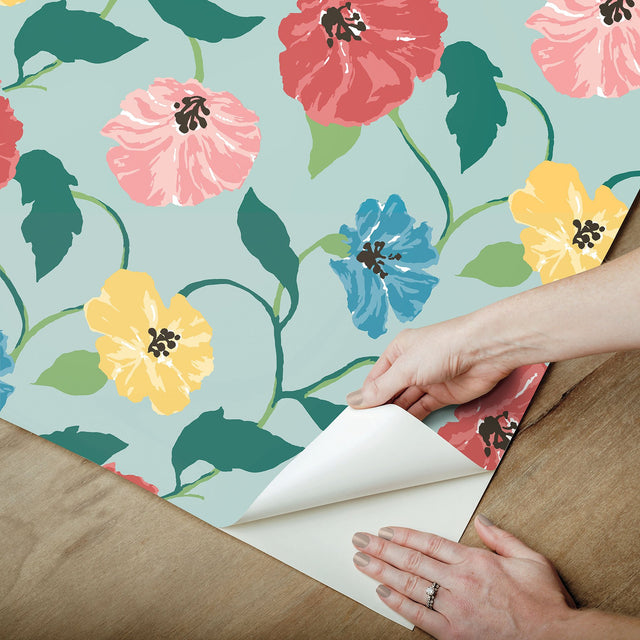 Jungle Garden Sky Blue Peel & Stick Wallpaper with Floral Vine Pattern - York PSW1400RL