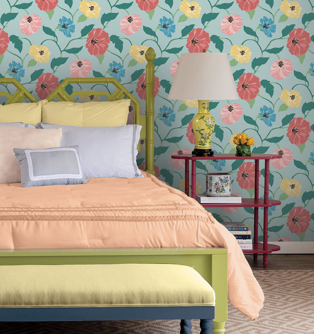 Jungle Garden Sky Blue Peel & Stick Wallpaper with Floral Vine Pattern - York PSW1400RL