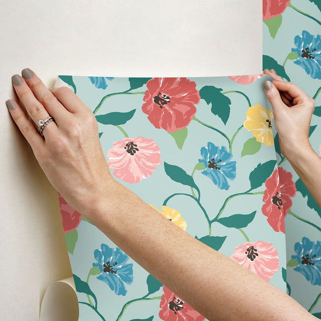 Jungle Garden Sky Blue Peel & Stick Wallpaper with Floral Vine Pattern - York PSW1400RL