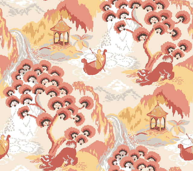 Old Peking Pink Lemonade Peel & Stick Wallpaper with Chinoiserie Scenic Motif - York PSW1402RL