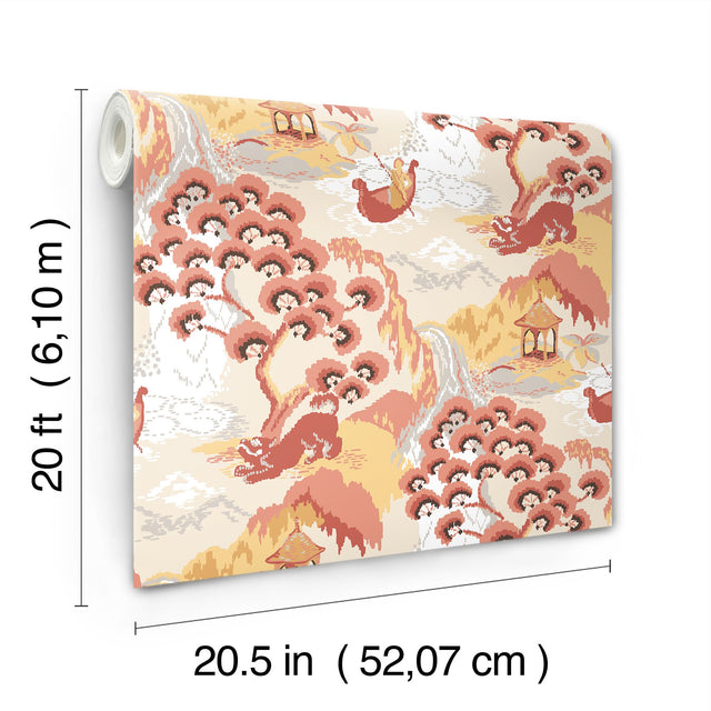 Old Peking Pink Lemonade Peel & Stick Wallpaper with Chinoiserie Scenic Motif - York PSW1402RL