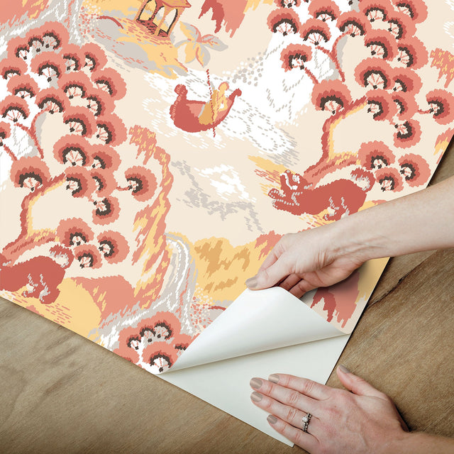 Old Peking Pink Lemonade Peel & Stick Wallpaper with Chinoiserie Scenic Motif - York PSW1402RL