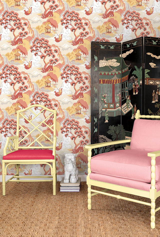 Old Peking Pink Lemonade Peel & Stick Wallpaper with Chinoiserie Scenic Motif - York PSW1402RL