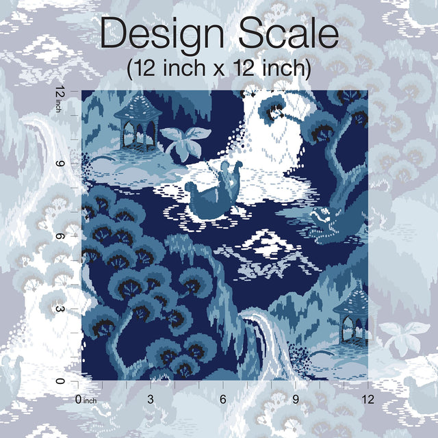 Old Peking Navy Blue Peel & Stick Wallpaper with Chinoiserie Scenic Motif - York PSW1403RL