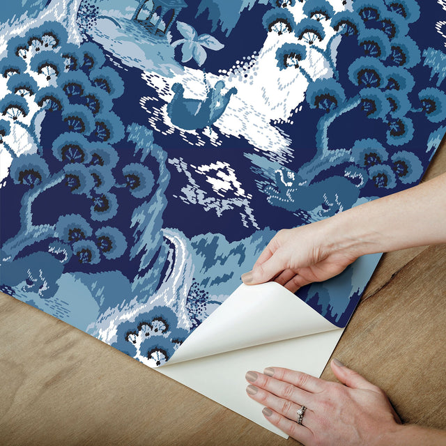 Old Peking Navy Blue Peel & Stick Wallpaper with Chinoiserie Scenic Motif - York PSW1403RL