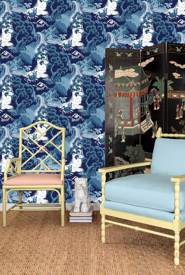 Old Peking Navy Blue Peel & Stick Wallpaper with Chinoiserie Scenic Motif - York PSW1403RL