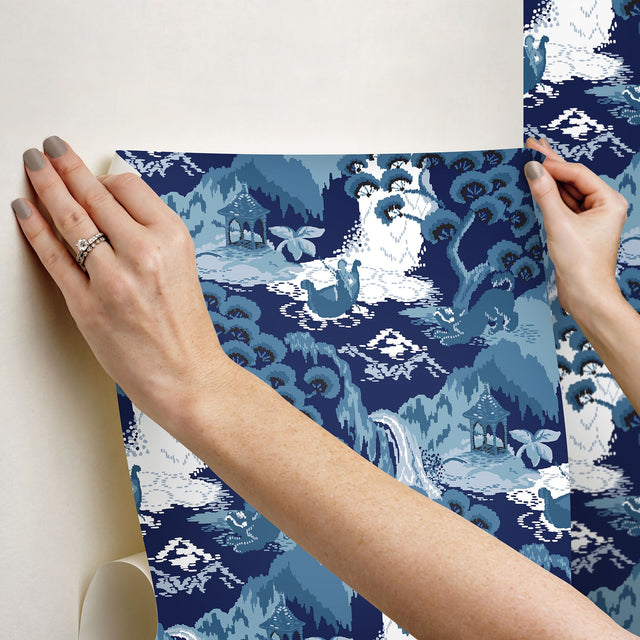Old Peking Navy Blue Peel & Stick Wallpaper with Chinoiserie Scenic Motif - York PSW1403RL