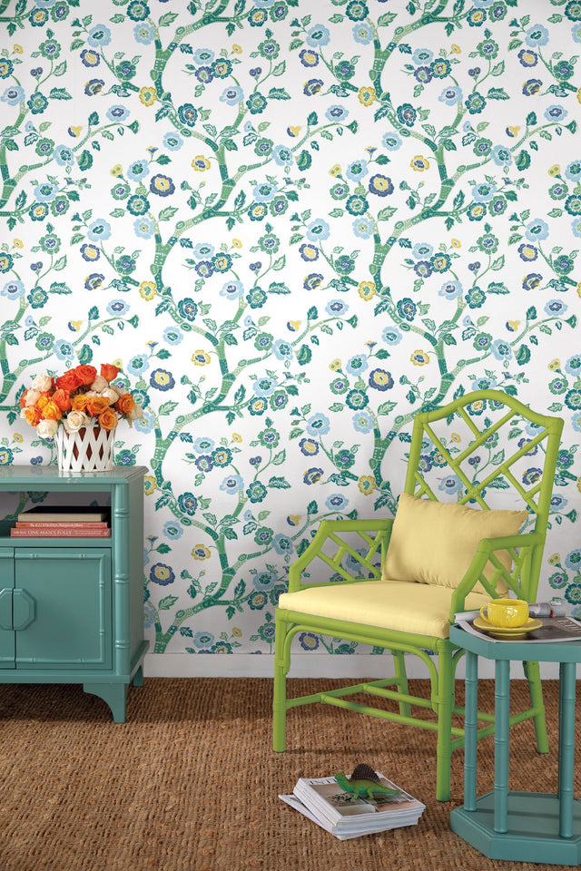 Temple Garden Barbados Green Peel & Stick Wallpaper with Botanical Floral Pattern - York PSW1406RL
