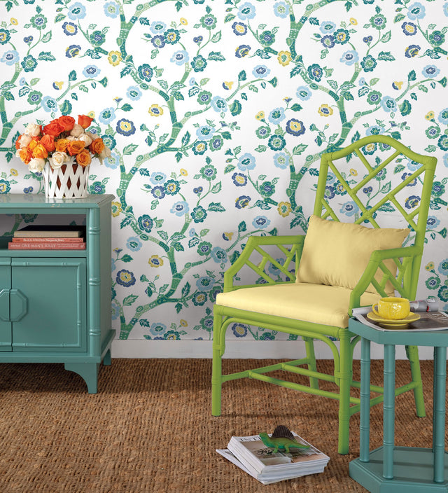 Temple Garden Barbados Green Peel & Stick Wallpaper with Botanical Floral Pattern - York PSW1406RL