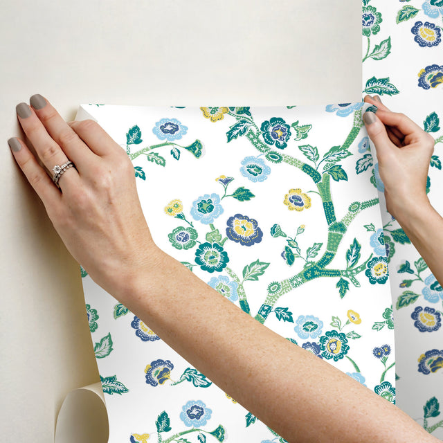Temple Garden Barbados Green Peel & Stick Wallpaper with Botanical Floral Pattern - York PSW1406RL