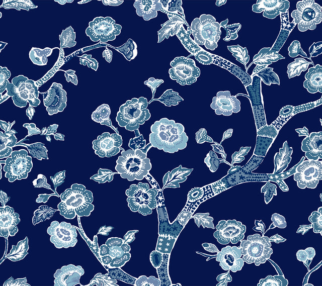 Temple Garden Navy Blue Peel & Stick Wallpaper with Botanical Floral Chinoiserie Motif - York PSW1407RL