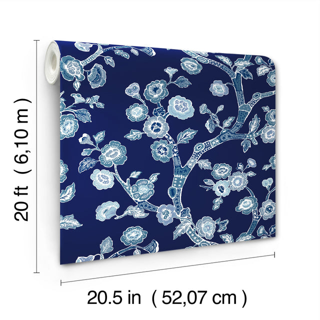 Temple Garden Navy Blue Peel & Stick Wallpaper with Botanical Floral Chinoiserie Motif - York PSW1407RL