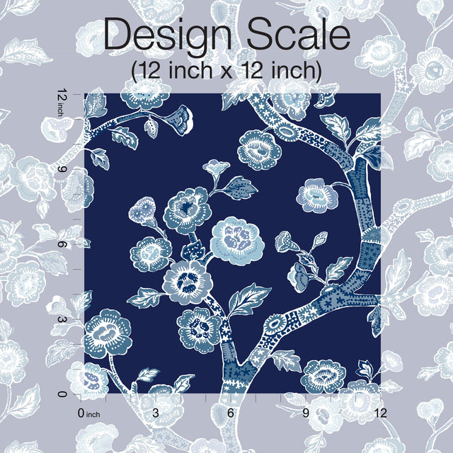 Temple Garden Navy Blue Peel & Stick Wallpaper with Botanical Floral Chinoiserie Motif - York PSW1407RL