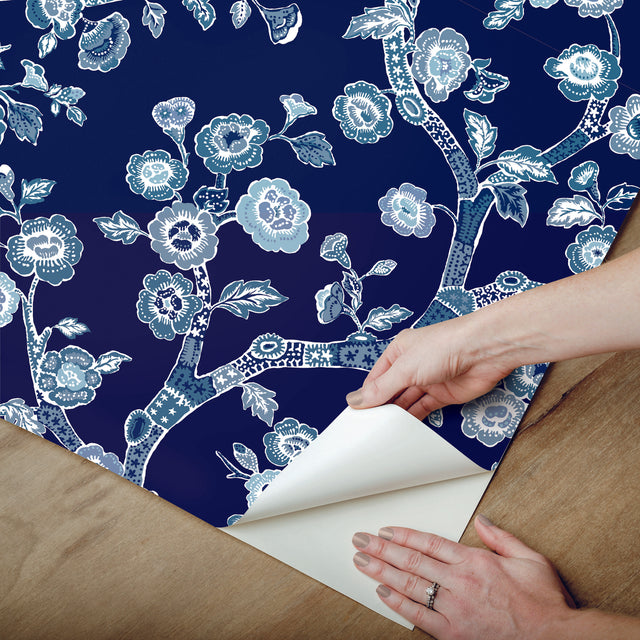 Temple Garden Navy Blue Peel & Stick Wallpaper with Botanical Floral Chinoiserie Motif - York PSW1407RL