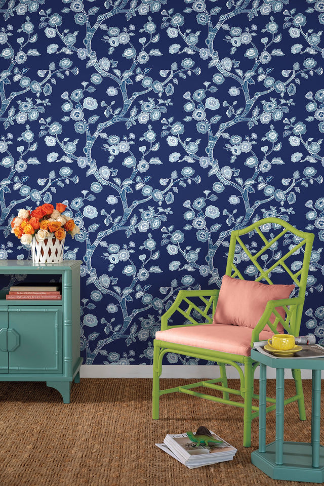Temple Garden Navy Blue Peel & Stick Wallpaper with Botanical Floral Chinoiserie Motif - York PSW1407RL