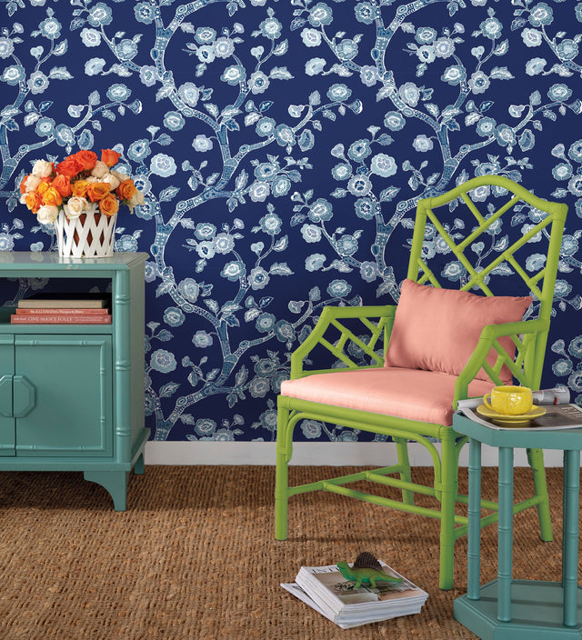 Temple Garden Navy Blue Peel & Stick Wallpaper with Botanical Floral Chinoiserie Motif - York PSW1407RL