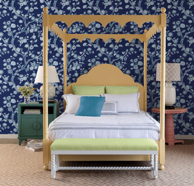 Temple Garden Navy Blue Peel & Stick Wallpaper with Botanical Floral Chinoiserie Motif - York PSW1407RL