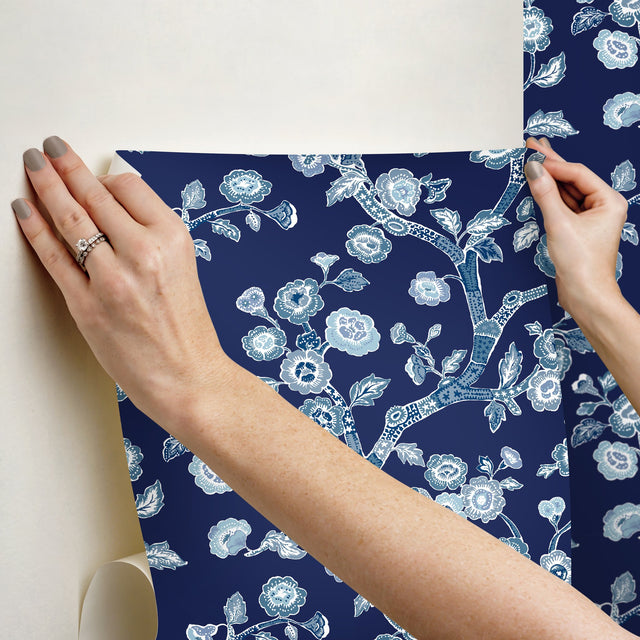 Temple Garden Navy Blue Peel & Stick Wallpaper with Botanical Floral Chinoiserie Motif - York PSW1407RL