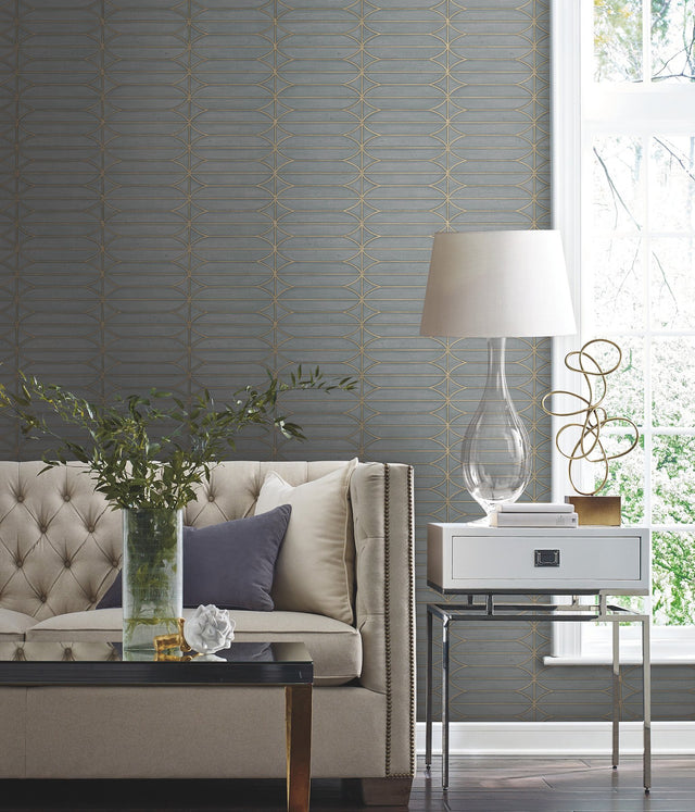 Pavilion Charcoal Peel & Stick Wallpaper with Geometric Metallic Motif - York PSW1410RL