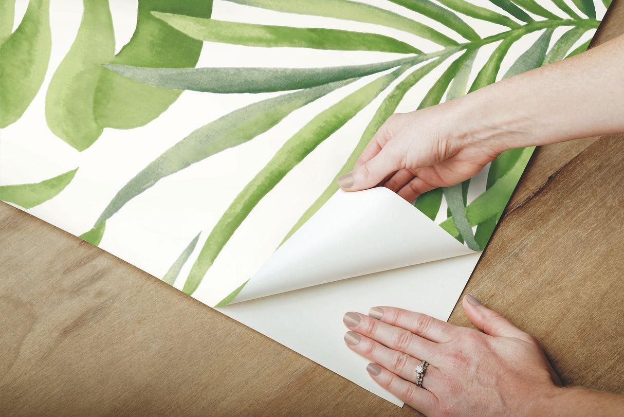 Paradise Palm Green Peel & Stick Wallpaper with Botanical Watercolor Palm Leaf Pattern - York PSW1412RL