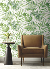 Paradise Palm Green Peel & Stick Wallpaper with Botanical Watercolor Palm Leaf Pattern - York PSW1412RL