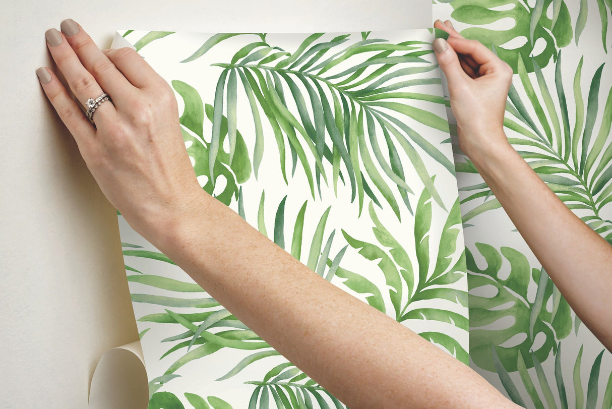 Paradise Palm Green Peel & Stick Wallpaper with Botanical Watercolor Palm Leaf Pattern - York PSW1412RL
