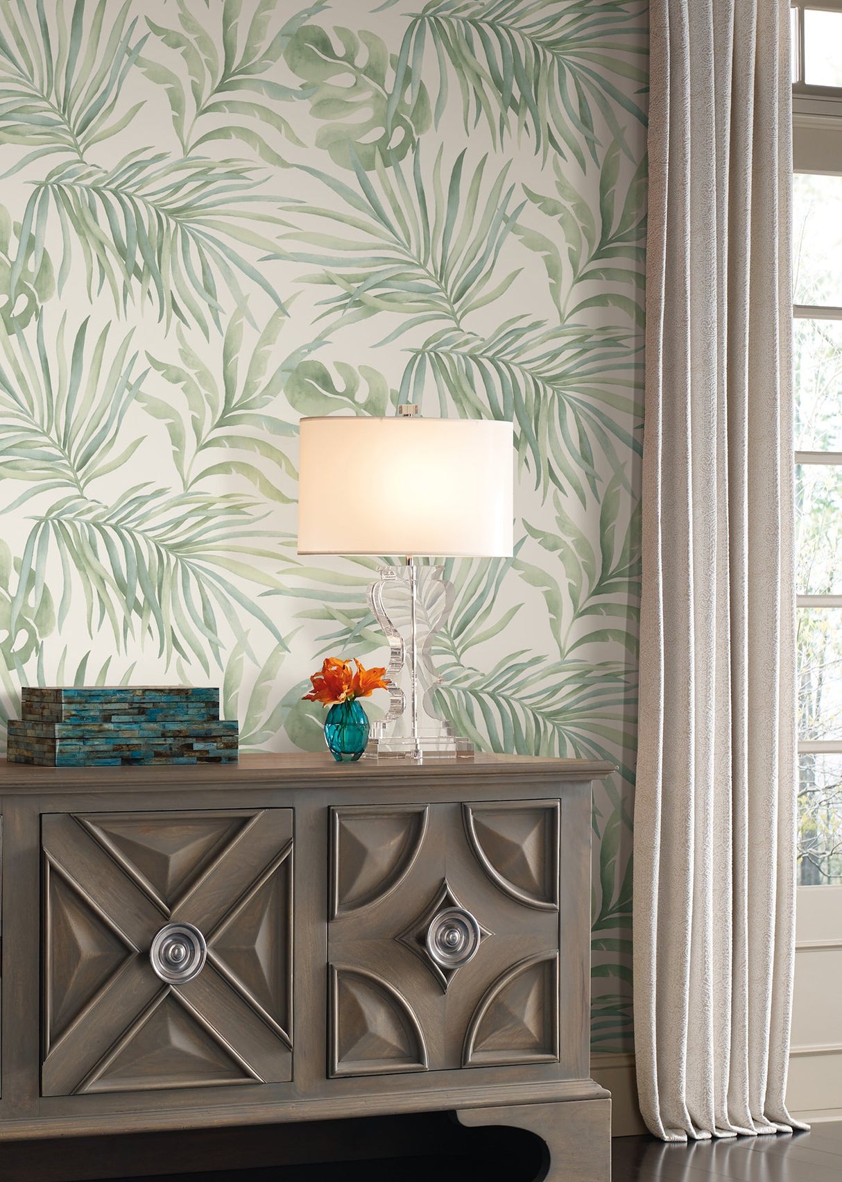Paradise Palm Aloe Peel & Stick Wallpaper with Botanical Palm Leaf Motif - York PSW1413RL