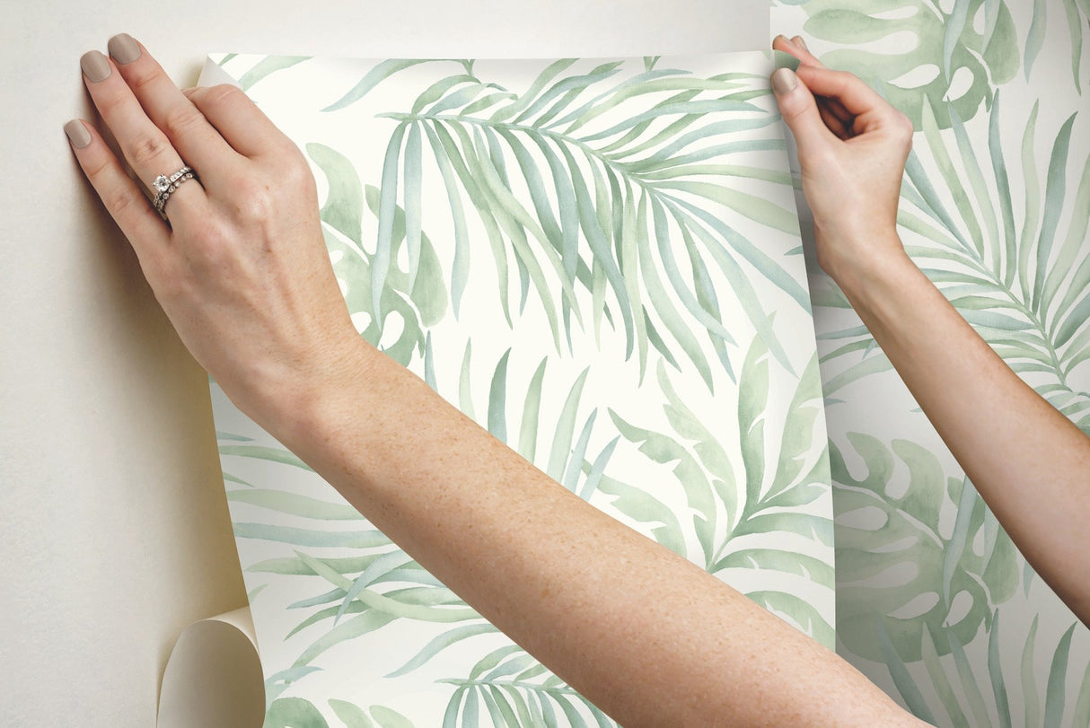 Paradise Palm Aloe Peel & Stick Wallpaper with Botanical Palm Leaf Motif - York PSW1413RL