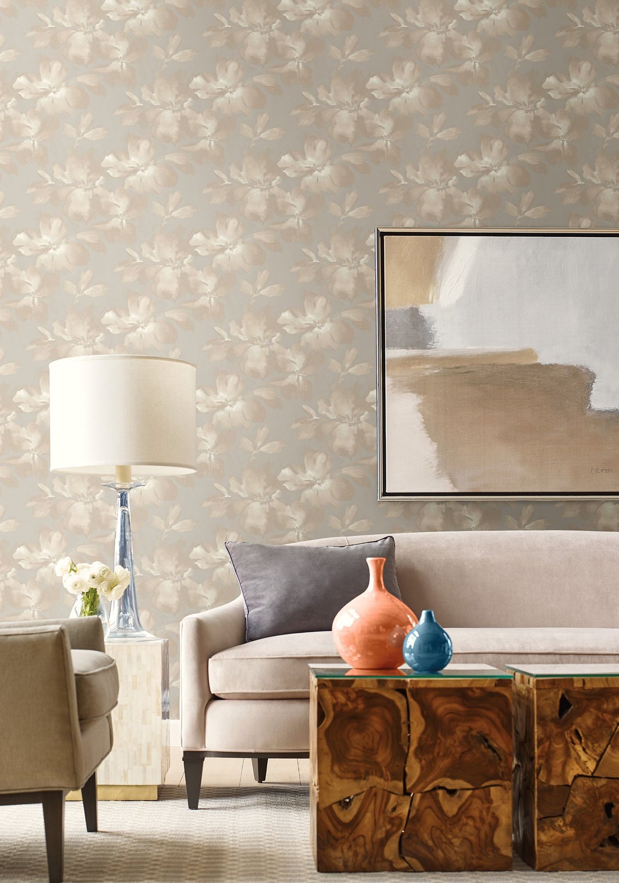 Midnight Blooms Neutral Peel & Stick Wallpaper with Floral Watercolor Motif - York PSW1414RL