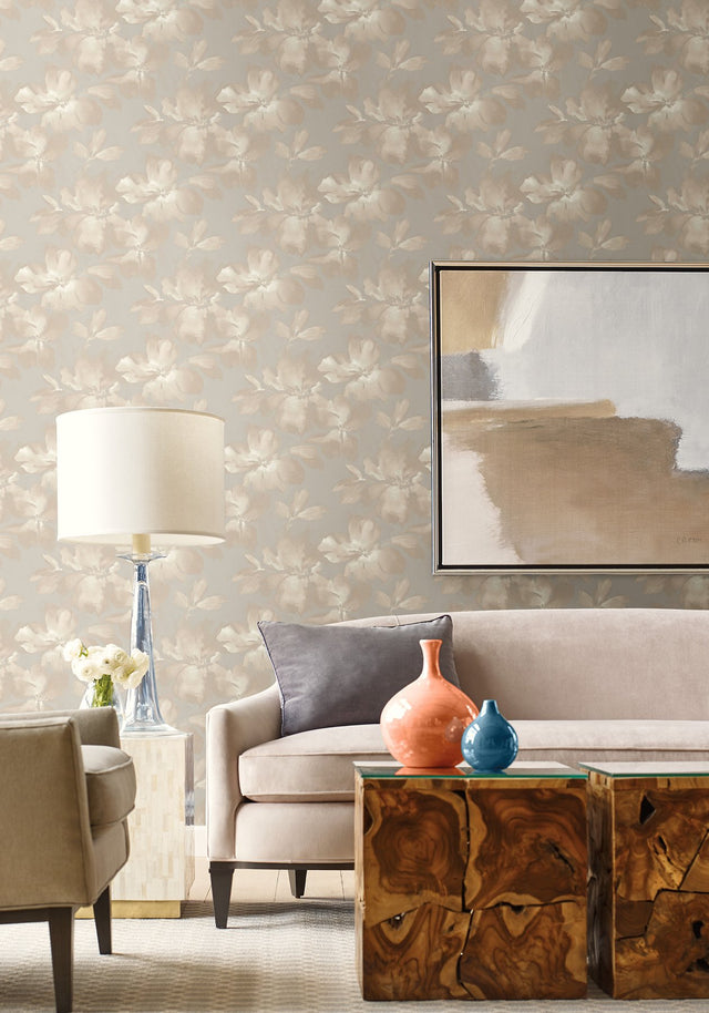 Midnight Blooms Neutral Peel & Stick Wallpaper with Floral Watercolor Motif - York PSW1414RL