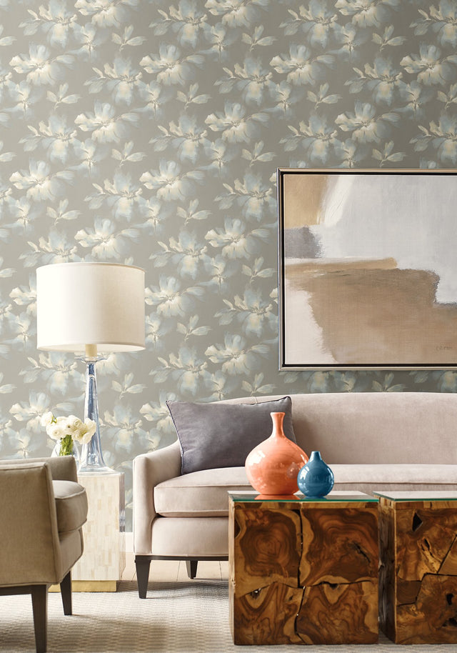 Midnight Blooms Light Blue & Grey Peel & Stick Wallpaper with Watercolor Floral Motif - York PSW1415RL