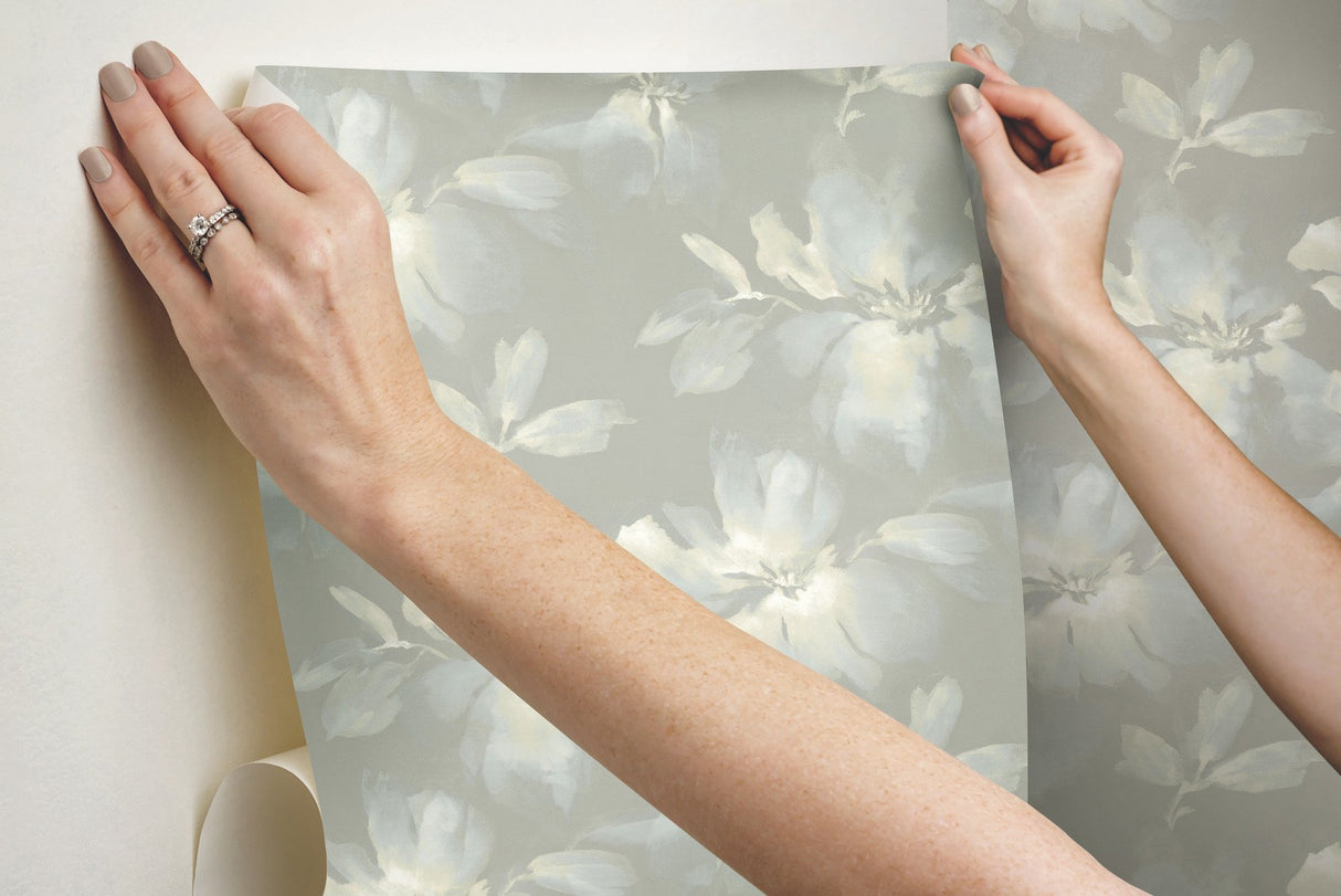 Midnight Blooms Light Blue & Grey Peel & Stick Wallpaper with Watercolor Floral Motif - York PSW1415RL