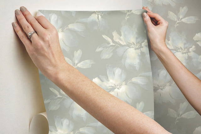 Midnight Blooms Light Blue & Grey Peel & Stick Wallpaper with Watercolor Floral Motif - York PSW1415RL
