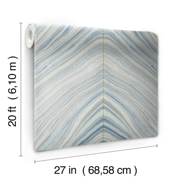 Onyx Strata Mist Blue Premium Peel & Stick Wallpaper with Geometric Stone Vein Motif - York PSW1421RL